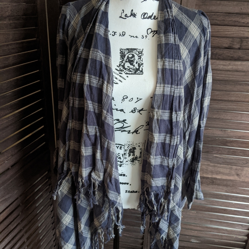 En Creme Open Front Plaid Cardi-XS